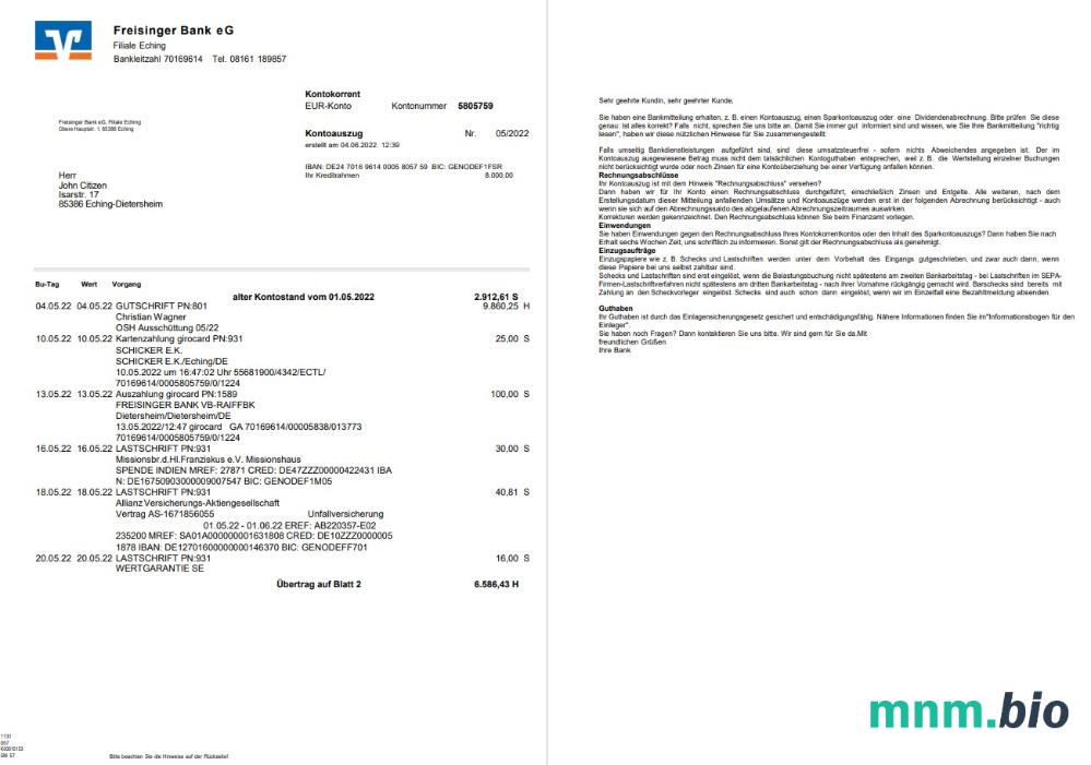 Niemiecki szablon wyciągu bankowego Fidor w programie Word i PDF